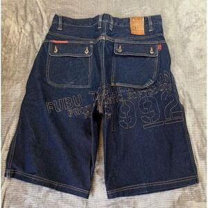 Vintage FUBU Denim Shorts Mens 40x14 Baggy Hip Hop 90s Embroidered Dark Wash.